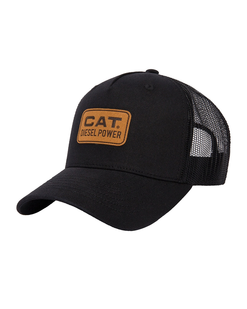 Cat workwear diesel power leather patch hat black front