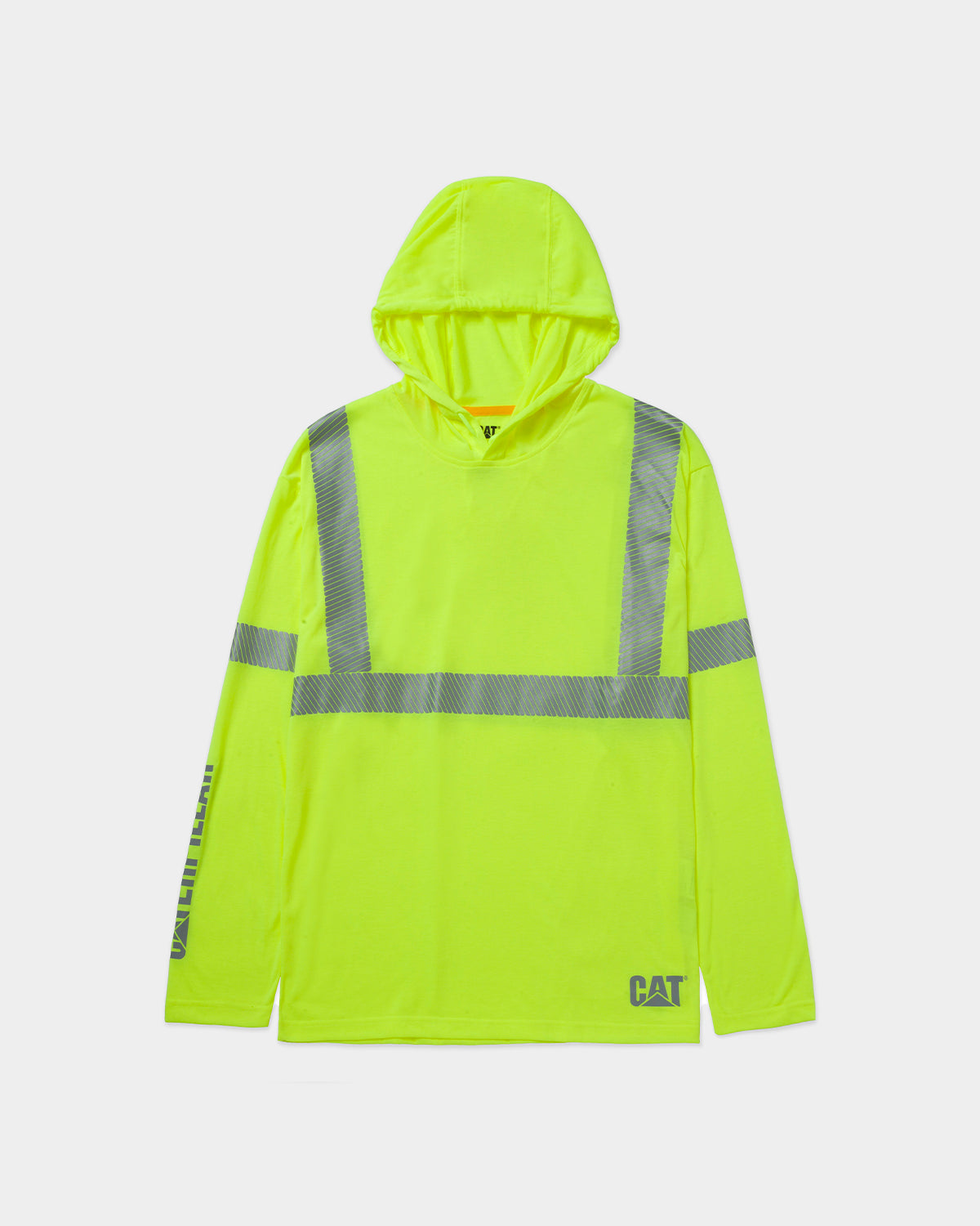 Cat Workwear Men's ANSI Hi-Vis UPF Hooded Long Sleeve T-Shirt HiVis Yellow Front,color:Hi-Vis Yellow