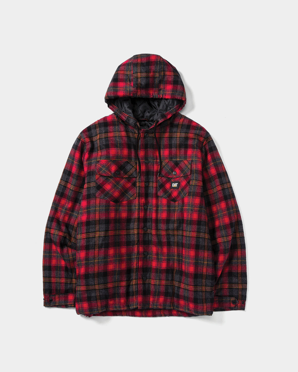 Cat Workwear MEN'S HOODED FLANNEL SHIRT JAC,color:Hot Red Grey