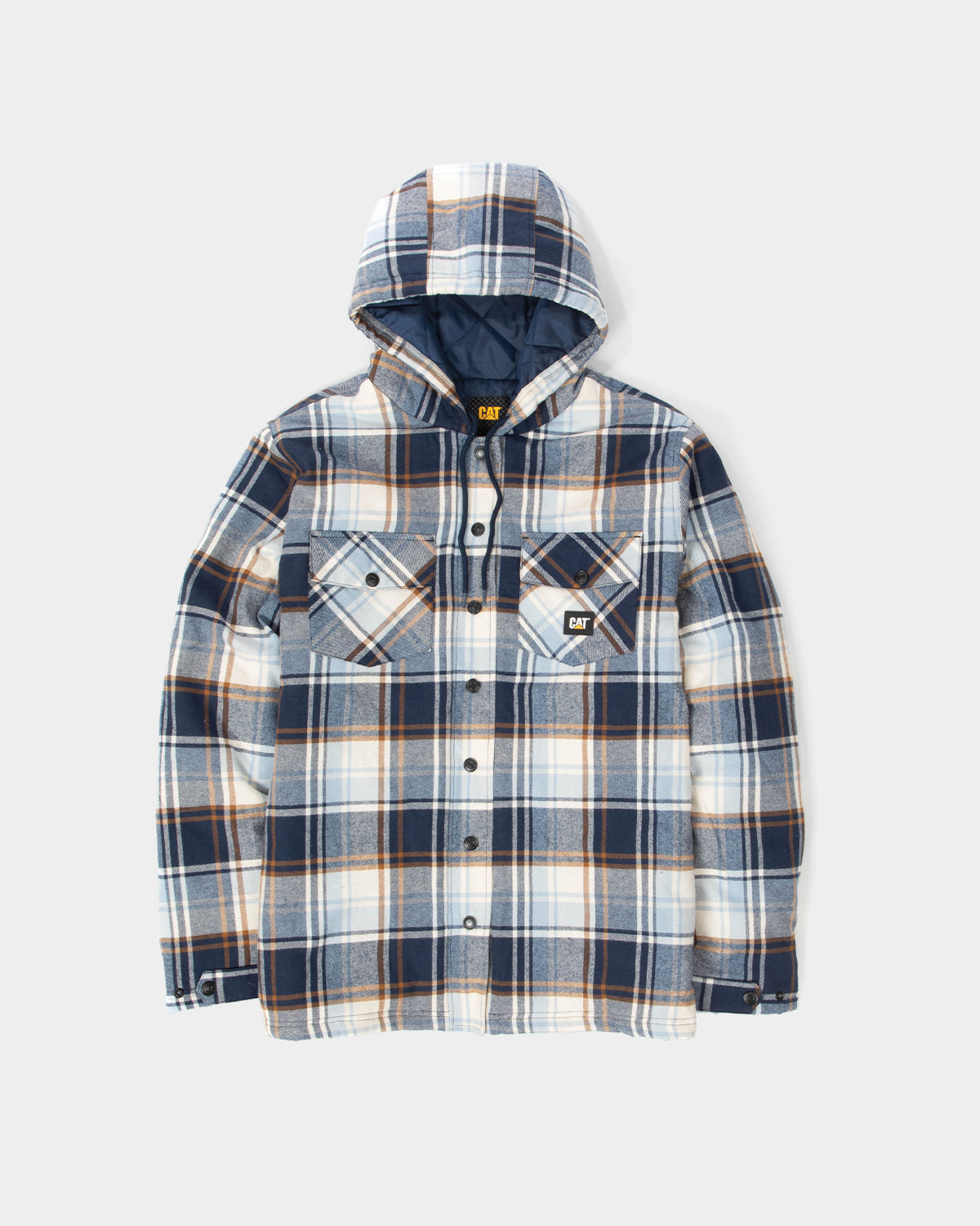 Cat Workwear MEN'S HOODED FLANNEL SHIRT JAC Detroit Blue Blue Fog Front,color:Detroit Blue