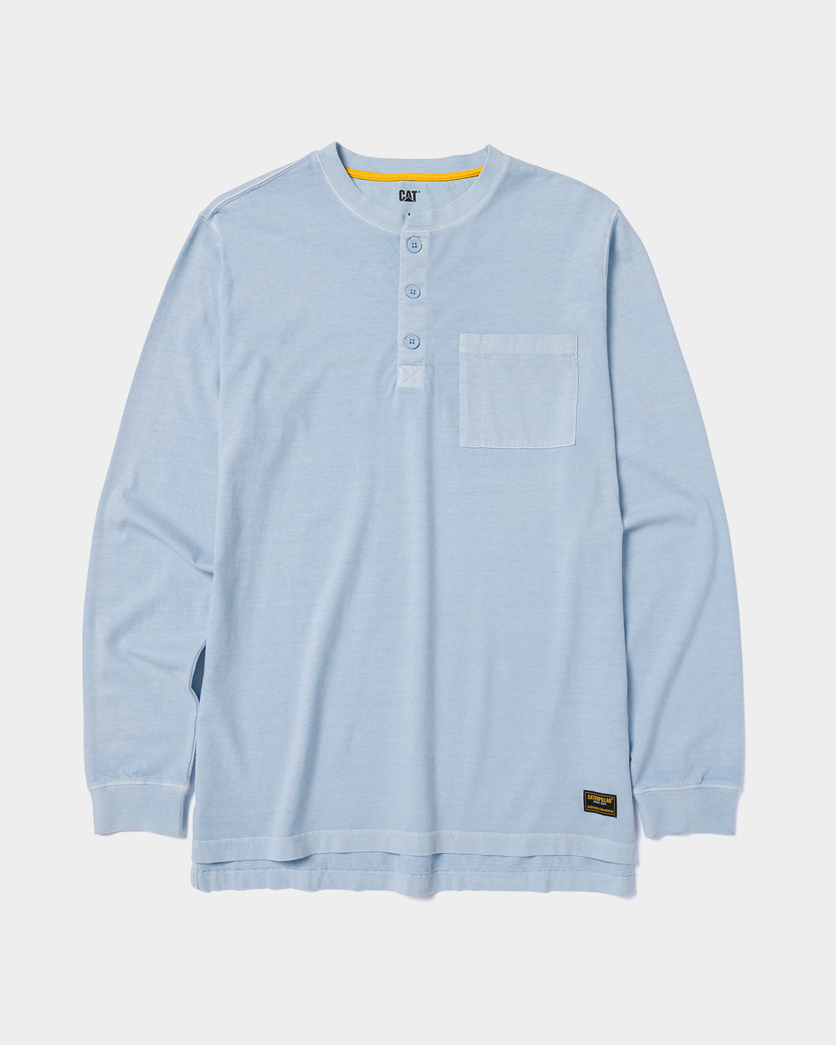 Cat Workwear Men's Pigment dyed long sleeve henley blue fog front,color:Blue Fog