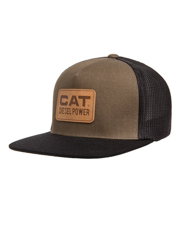 CAT Workwear Unisex Leather Diesel Power Flat Bill Hat Army Moss Front
