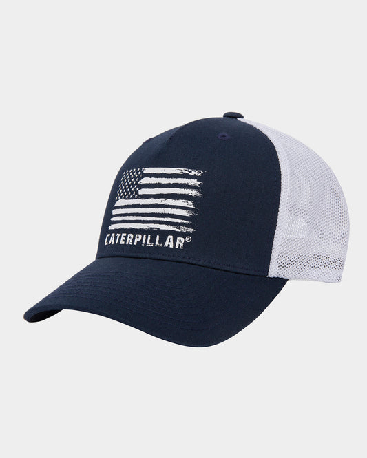 Cat workwear distressed flag flexfit 110 hat detroit blue front,color:Detroit Blue