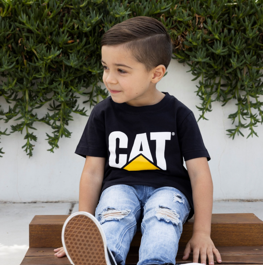 CAT workwear kid's tm logo t-shirt black on model