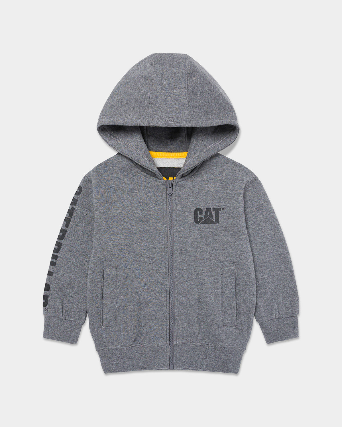 Cat workwear kid's trademark banner full zip hoodie dark heather grey front