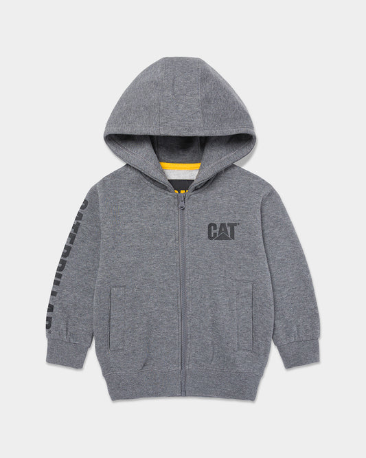 Cat workwear kid's trademark banner full zip hoodie dark heather grey front