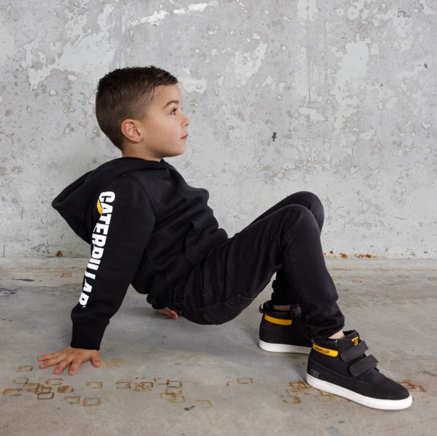 CAT workwear kid's trademark banner hoodie black on model