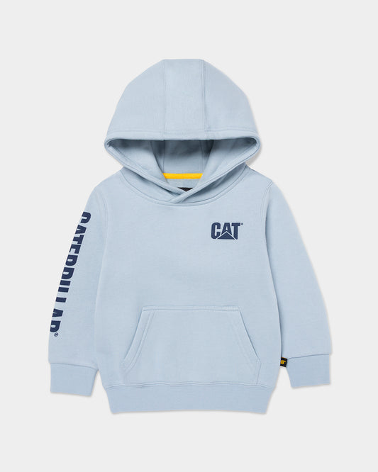 Cat workwear kid's trademark banner pull over hoodie blue fog front,color:Blue Fog