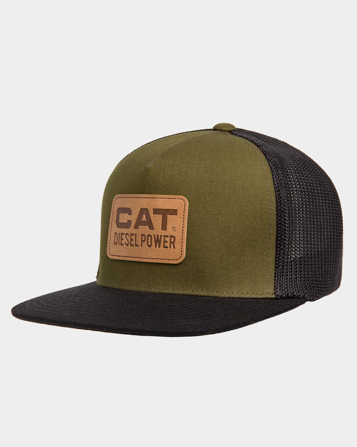 CAT Workwear Unisex Leather Diesel Power Flat Bill Hat Army Moss Front