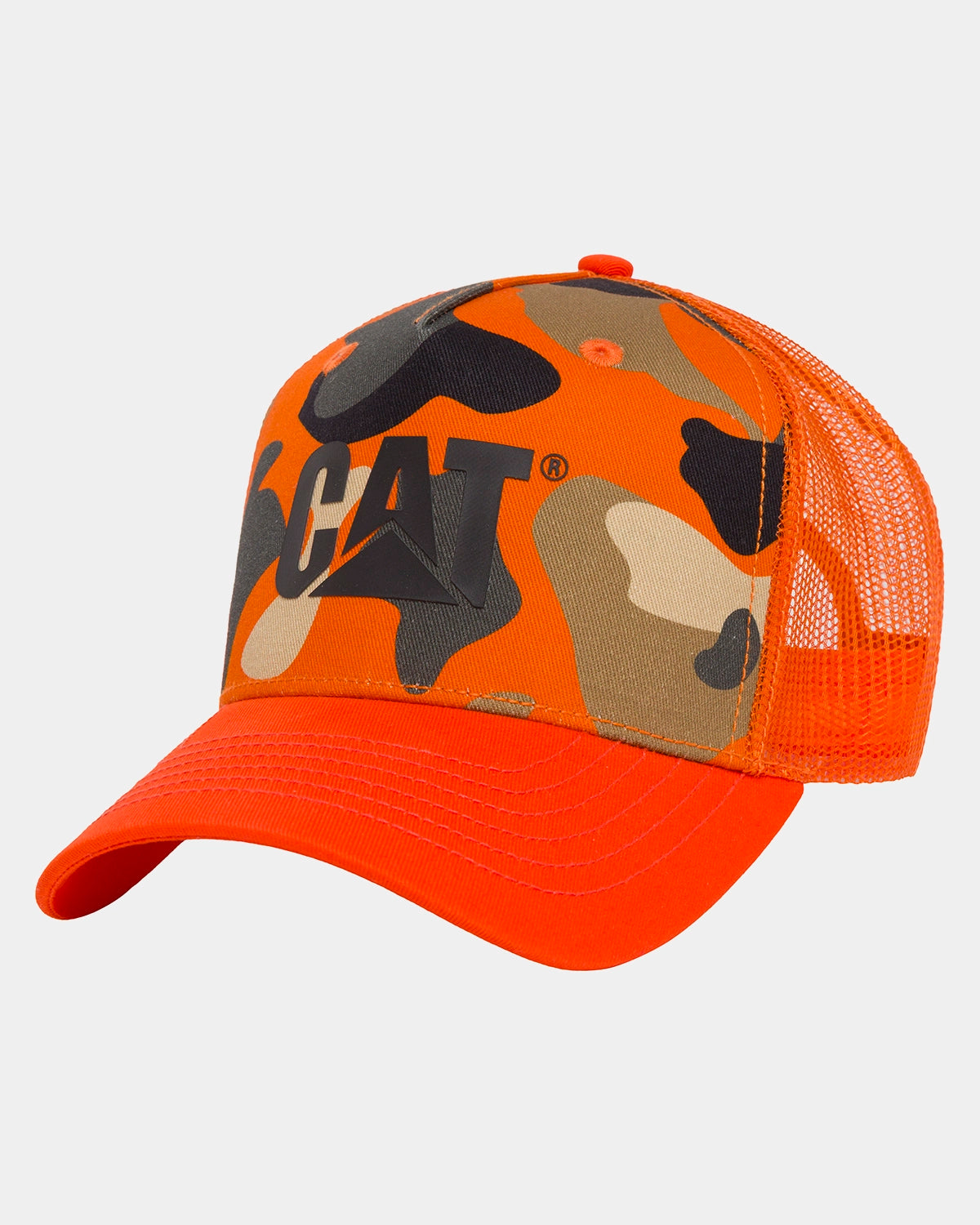 CAT workwear logo camo trucker hat blaze front