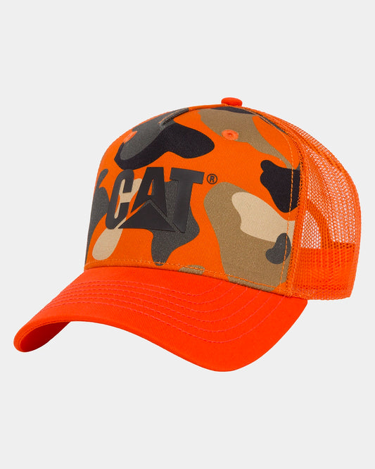 CAT workwear logo camo trucker hat blaze front