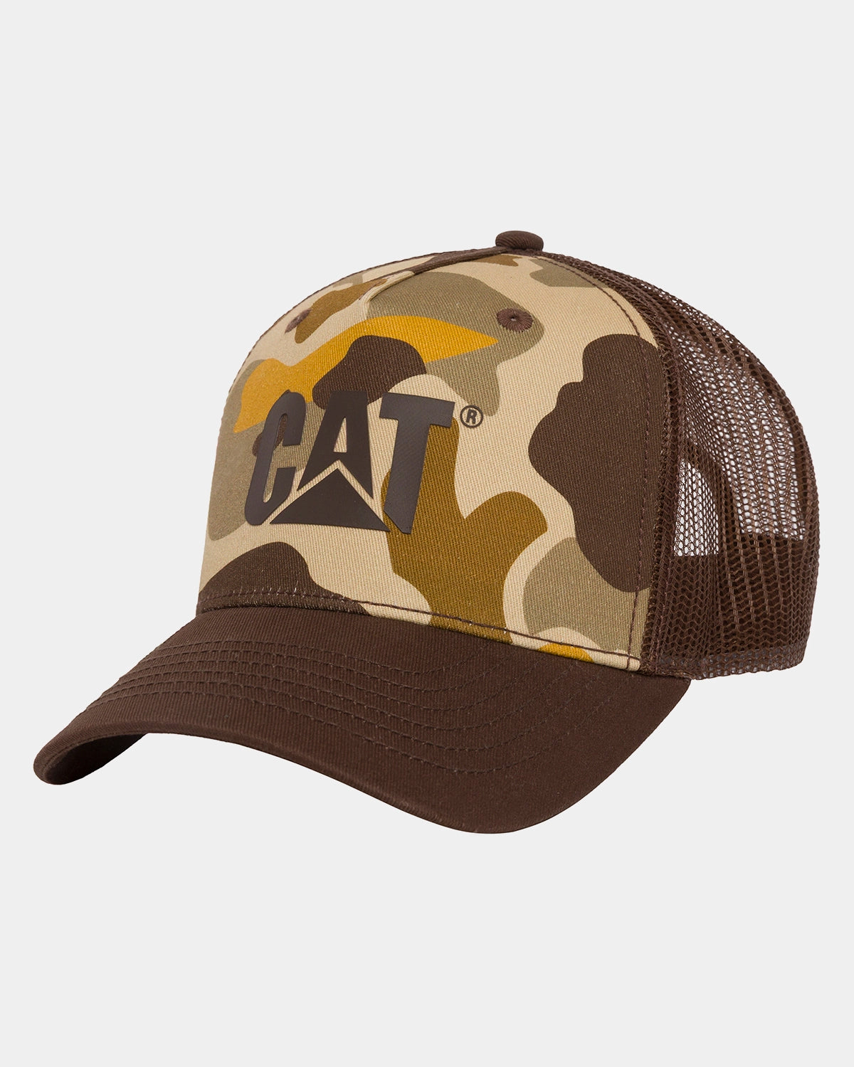 CAT workwear logo camo trucker hat coffee bean front