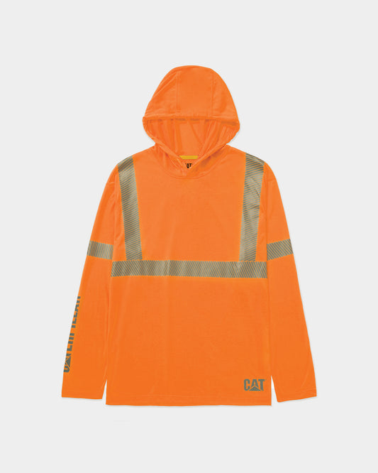 Cat Workwear Men's ANSI Hi-Vis UPF Hooded Long Sleeve T-Shirt HiVis Orange Front,color:Hi-Vis Orange