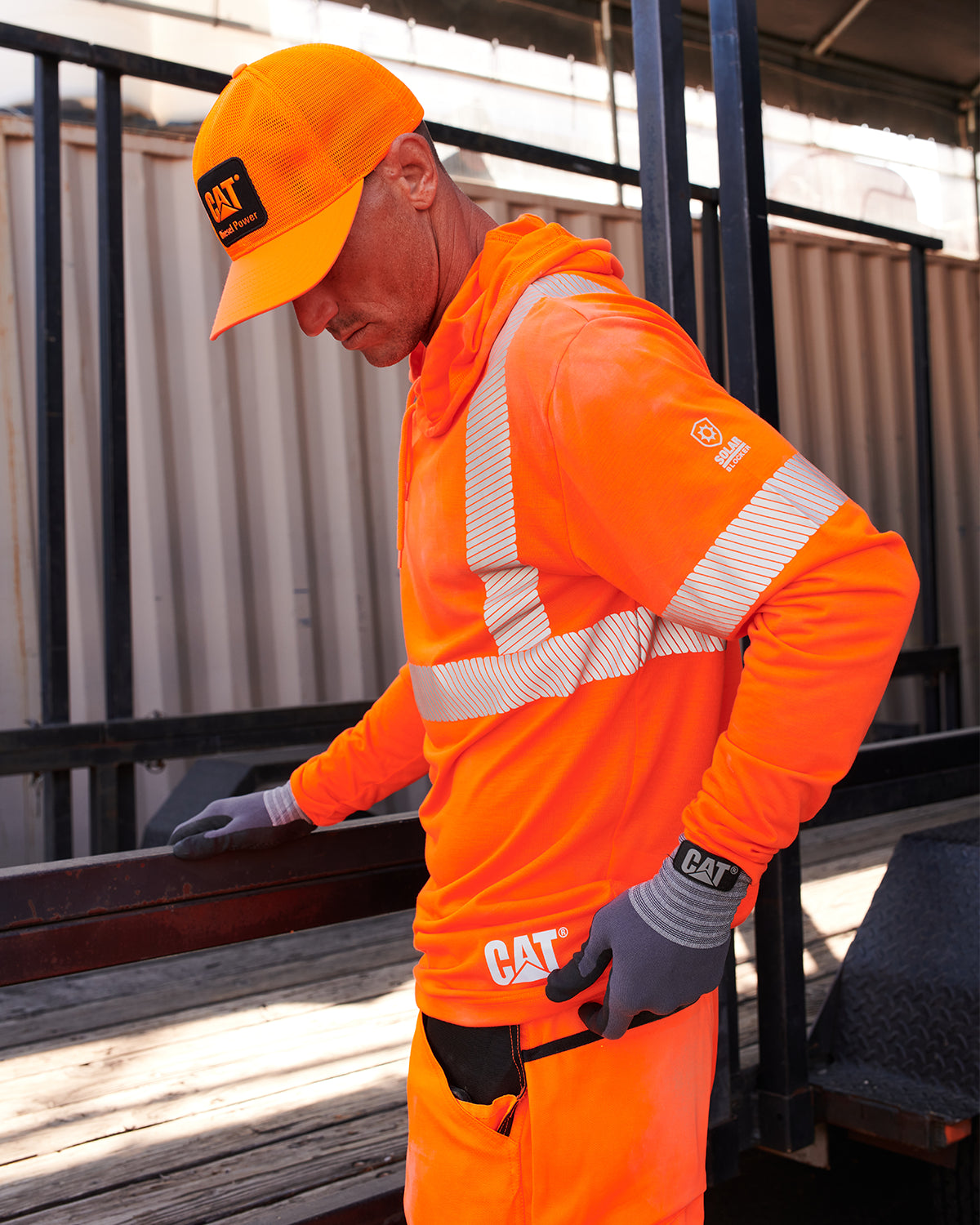 Men s ANSI Hi Vis UPF Hooded Long Sleeve T Shirt CAT WORKWEAR Caterpillar Workwear