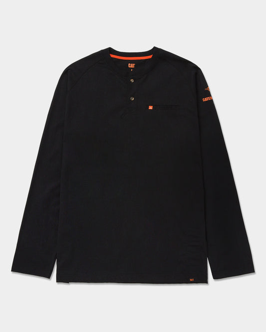 Cat Workwear Men's FR Lightweight LS Henley Black Front,color:Black