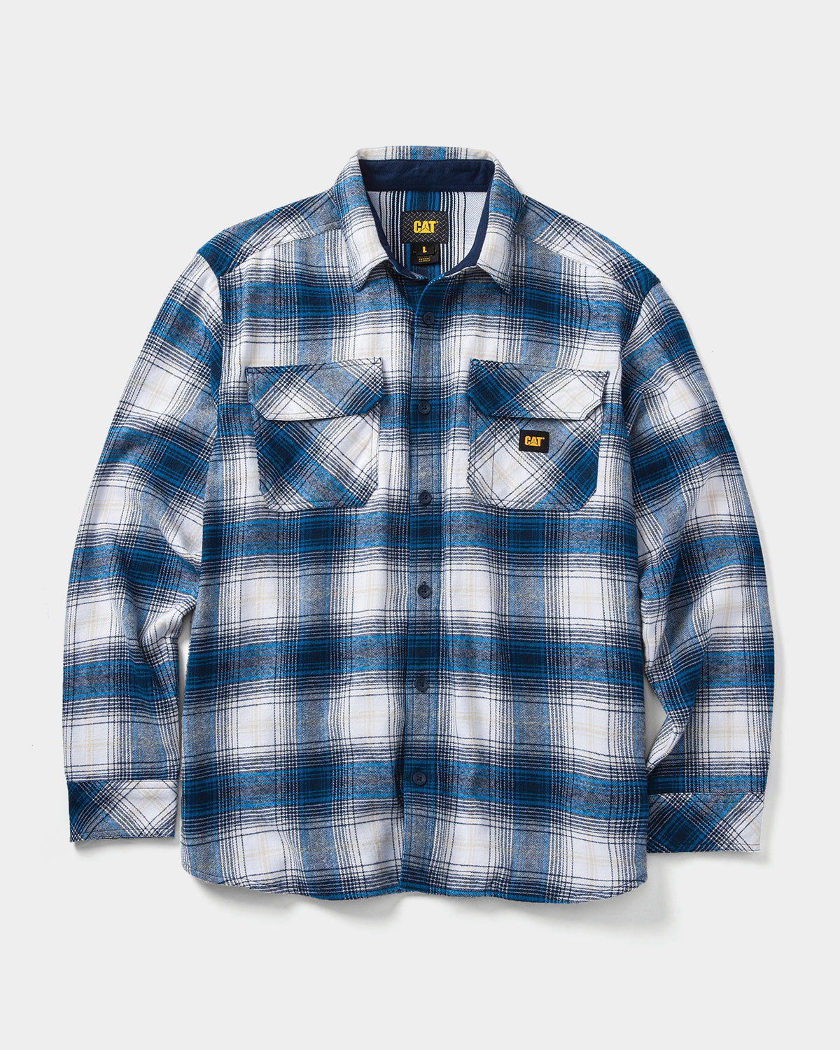 Cat Workwear Men's Plaid Heavyweight Overshirt White Detroit Blue Front