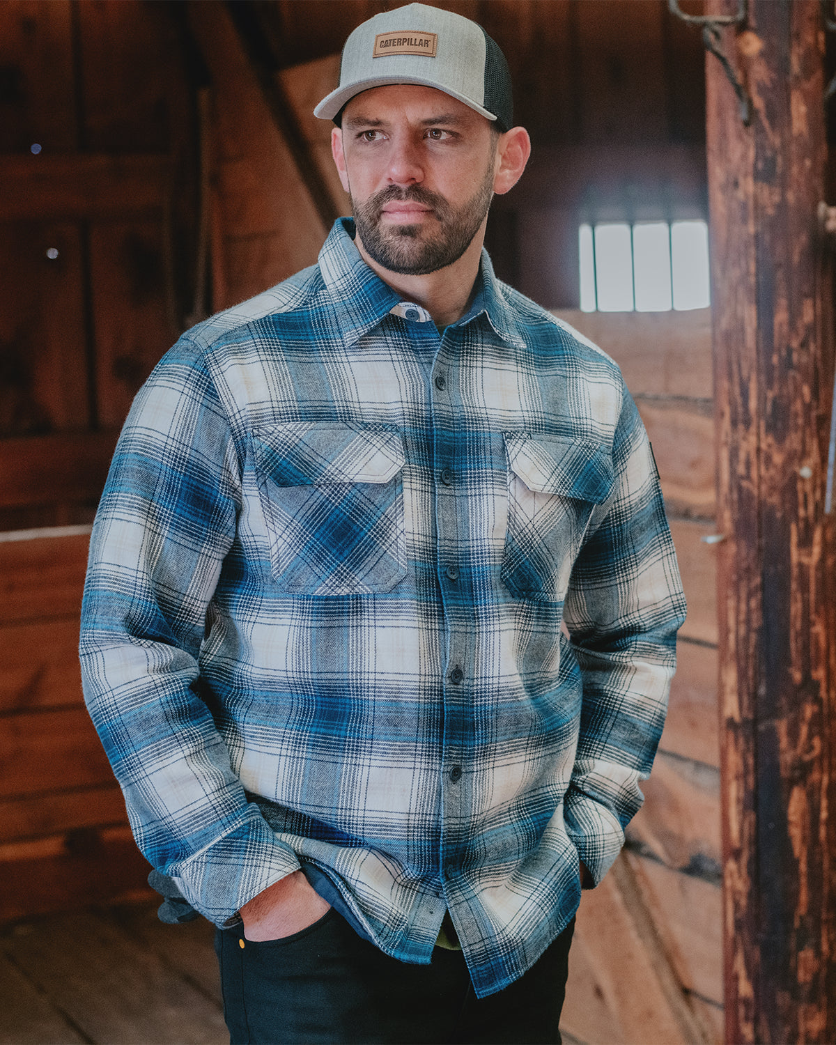 Cat Workwear Men's Buffalo Check Flannel Overshirt Field Barn