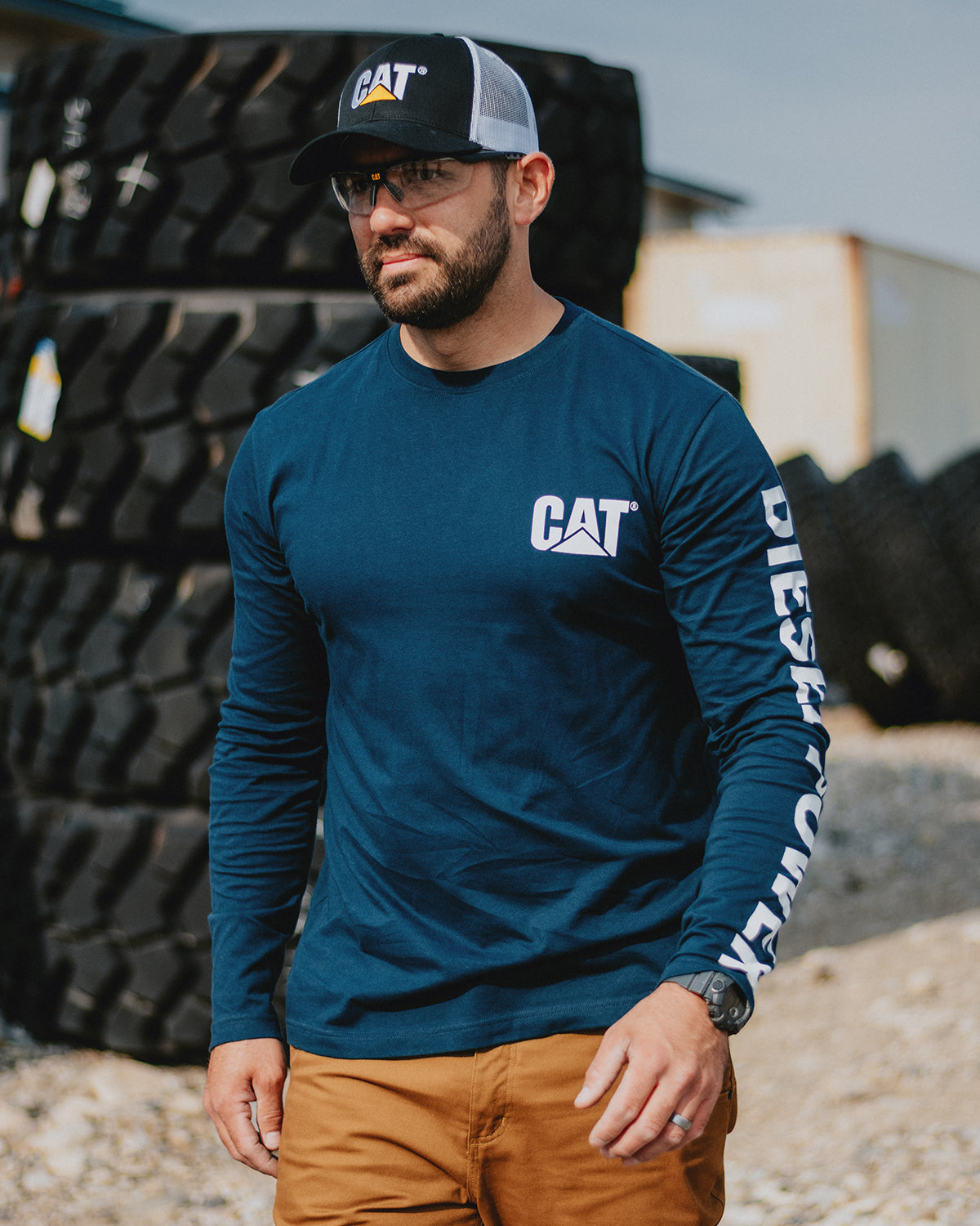 CAT Workwear Men's Diesel Power Long Sleeve T-Shirt Detroit Blue In Shop Yard