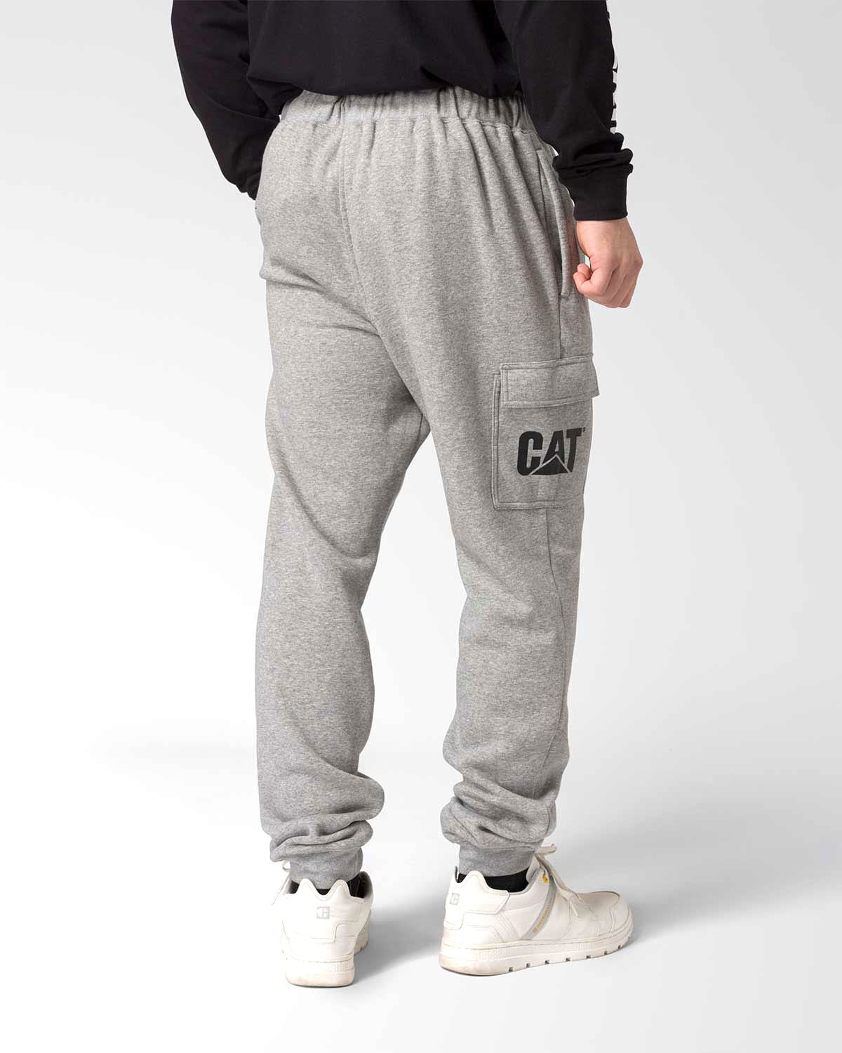 CAT Workwear Men's DM Logo Sweatpants Heather Grey on model back, color:Heather Grey Blue