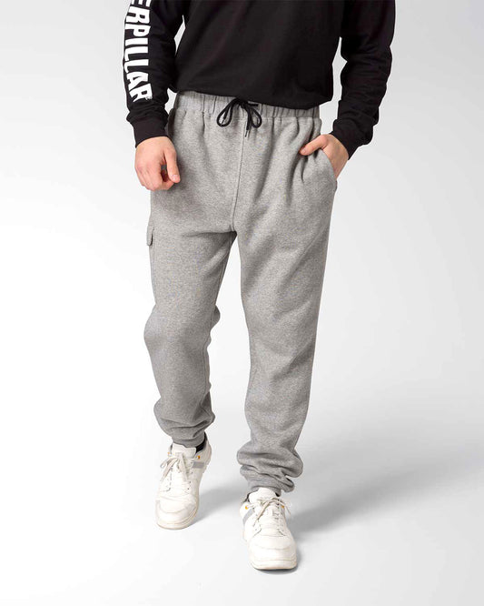 CAT Workwear Men's DM Logo Sweatpants Heather Grey on model Front, color:Heather Grey Blue