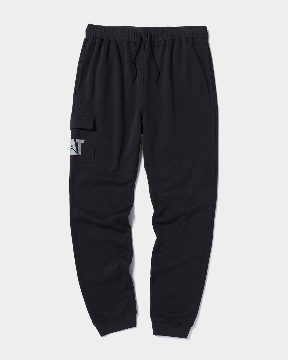 CAT Workwear Men's DM Logo Sweatpant Black jogger pants with a brand logo on a light gray background