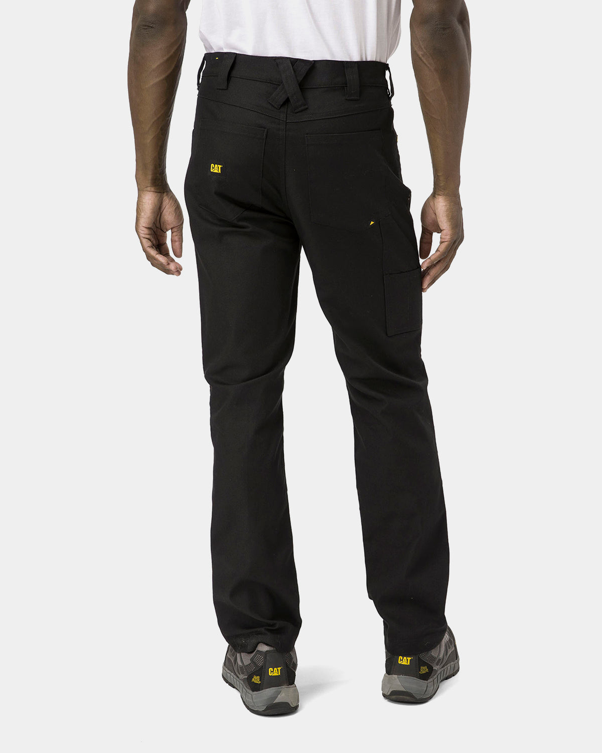 Cat Workwear Men's Double Front Stretch Canvas Work Pant Straight Fit Black on model back, color:Black