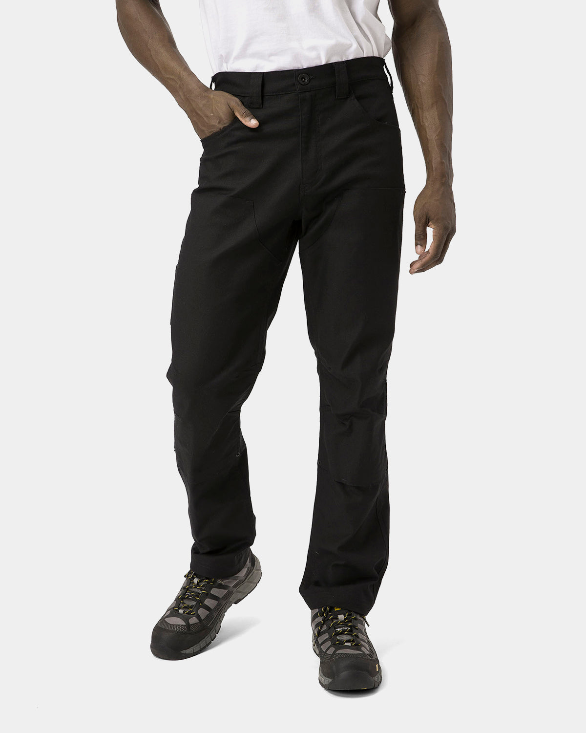 Cat Workwear Men's Double Front Stretch Canvas Work Pant Straight Fit Black on model Front, color:Black