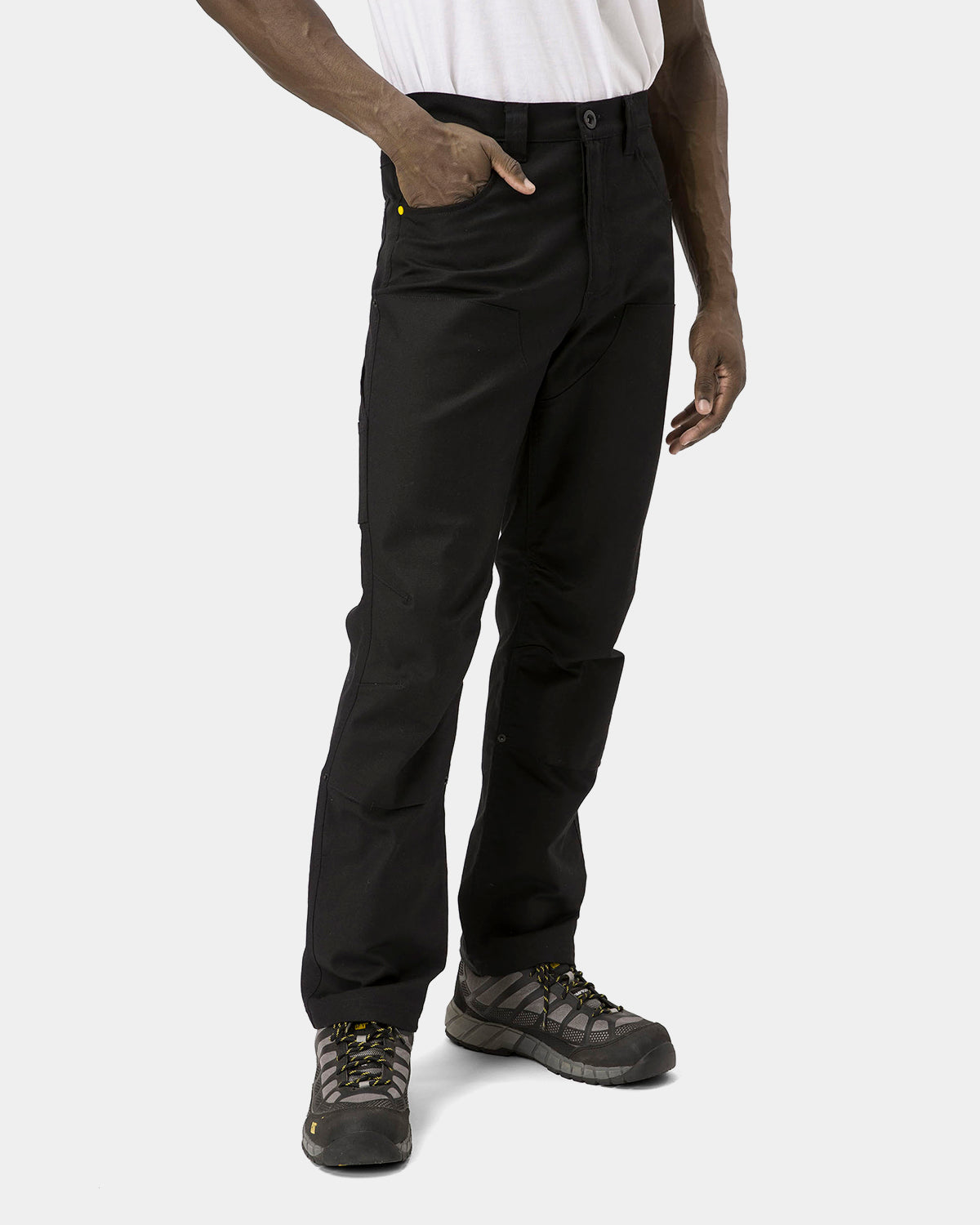 Cat Workwear Men's Double Front Stretch Canvas Work Pant Straight Fit Black on model right side, color:Black
