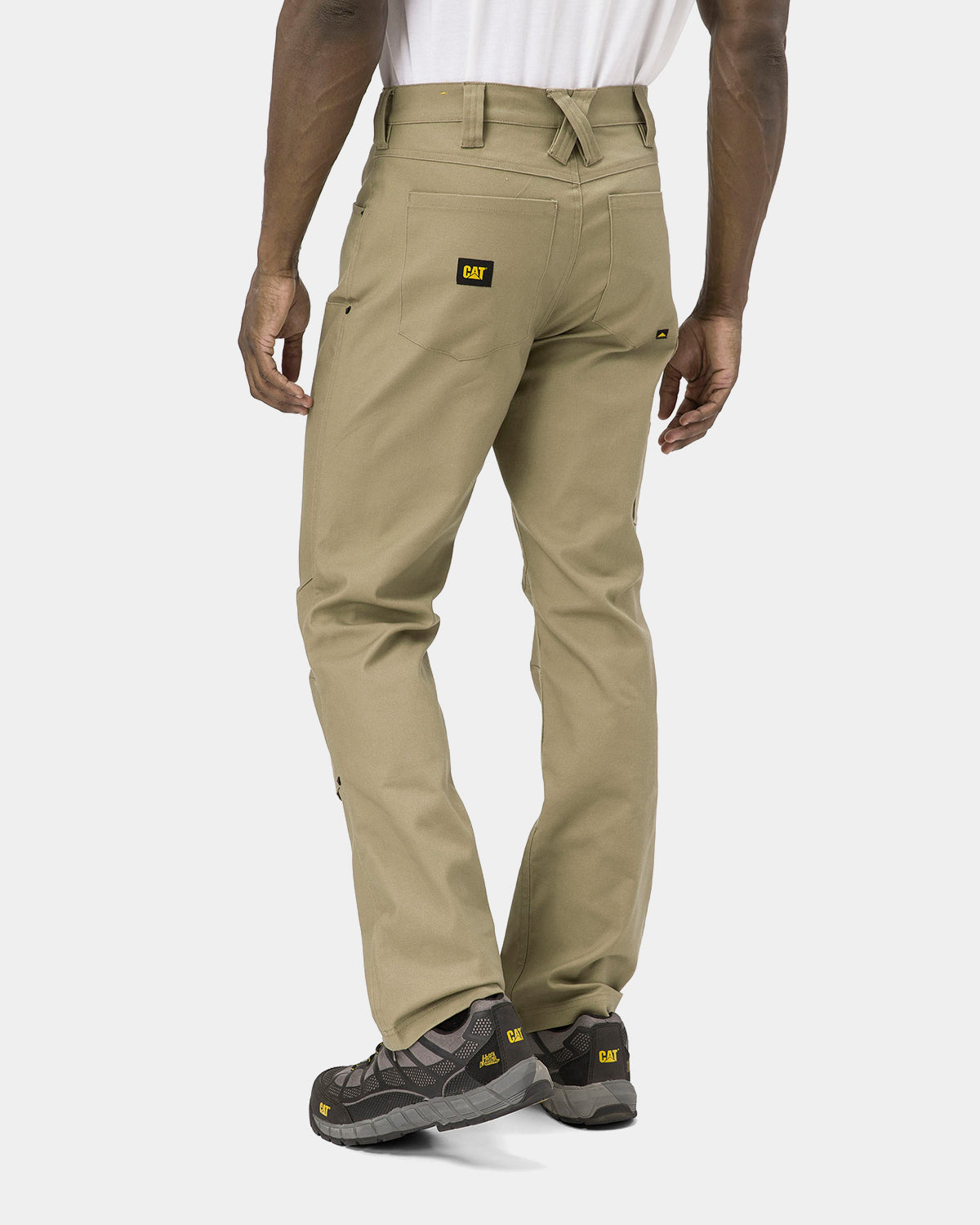 Cat Workwear Men's Double Front Stretch Canvas Work Pant Straight Fit Khaki on model back, color:Khaki