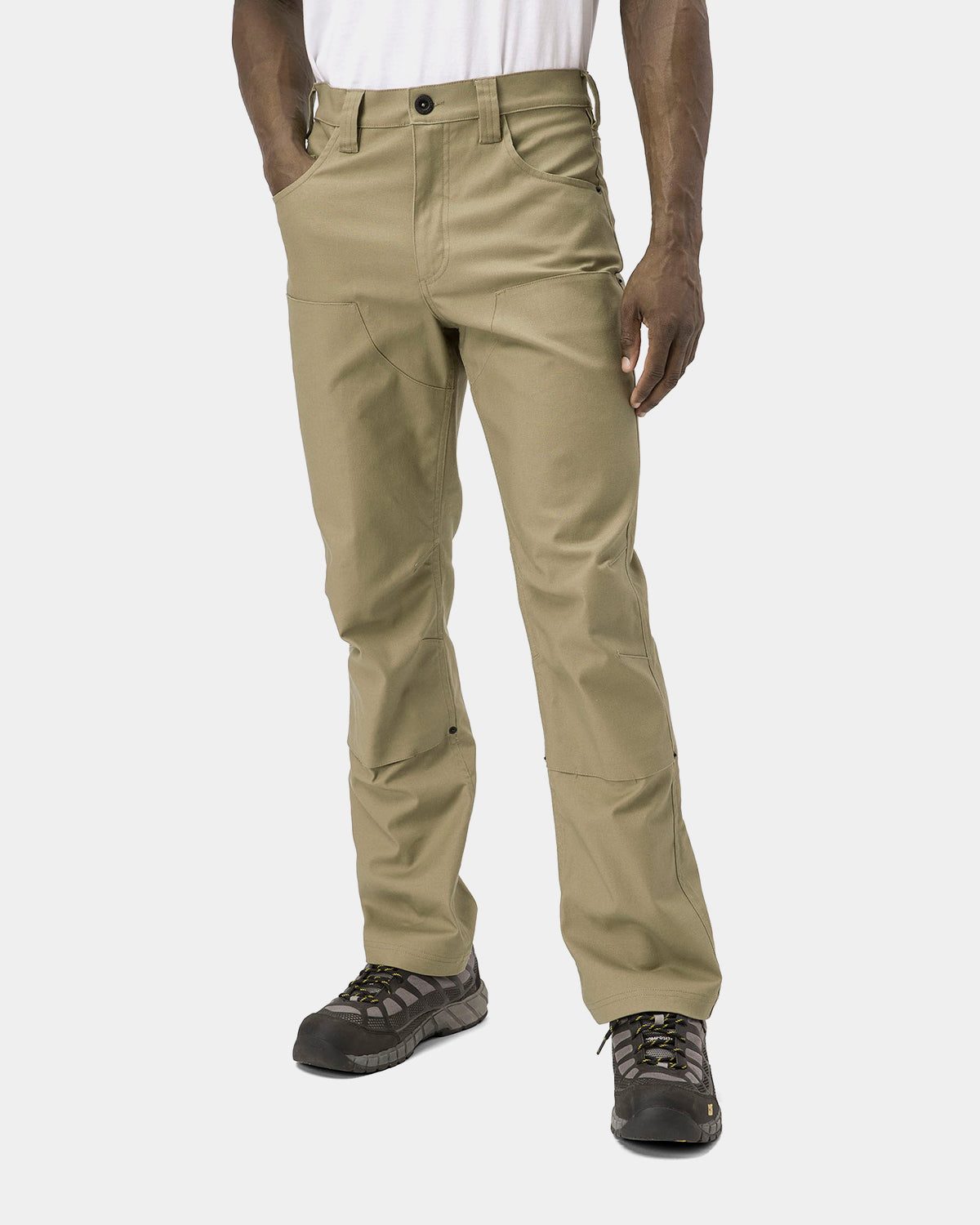Cat Workwear Men's Double Front Stretch Canvas Work Pant Straight Fit Khaki on model left side, color:Khaki