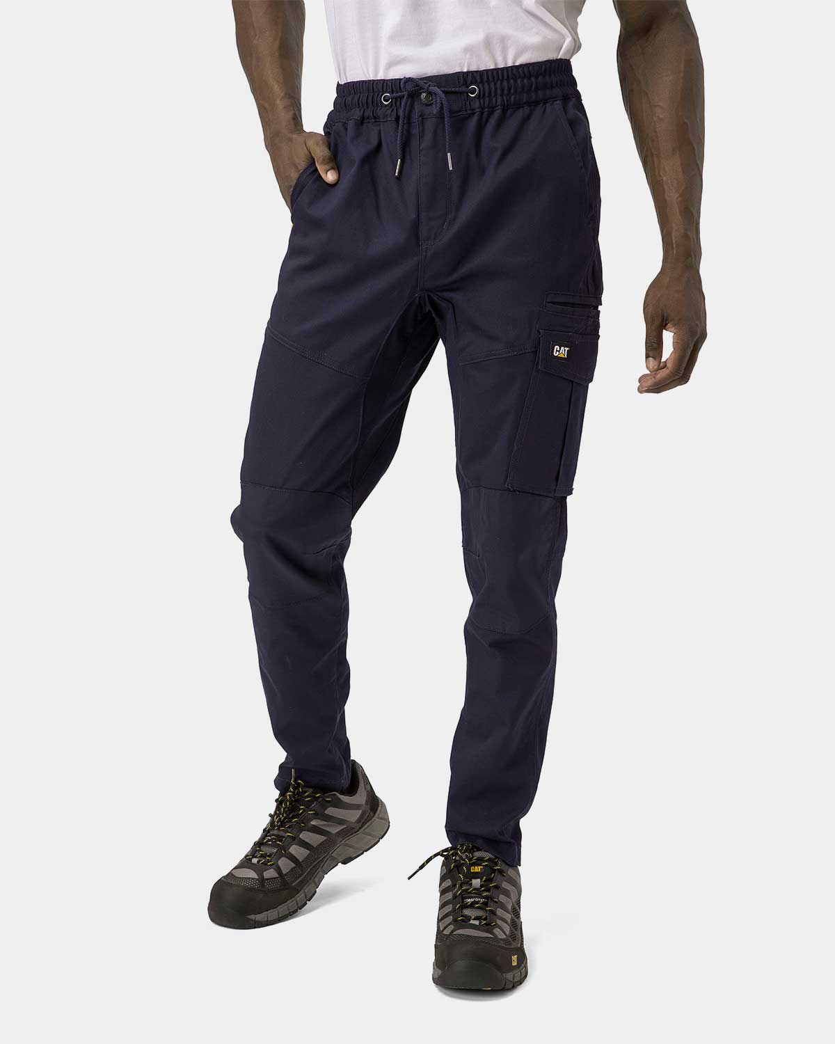 Cat Workwear Men's Dynamic Work Pant Navy on model Front, color:Navy