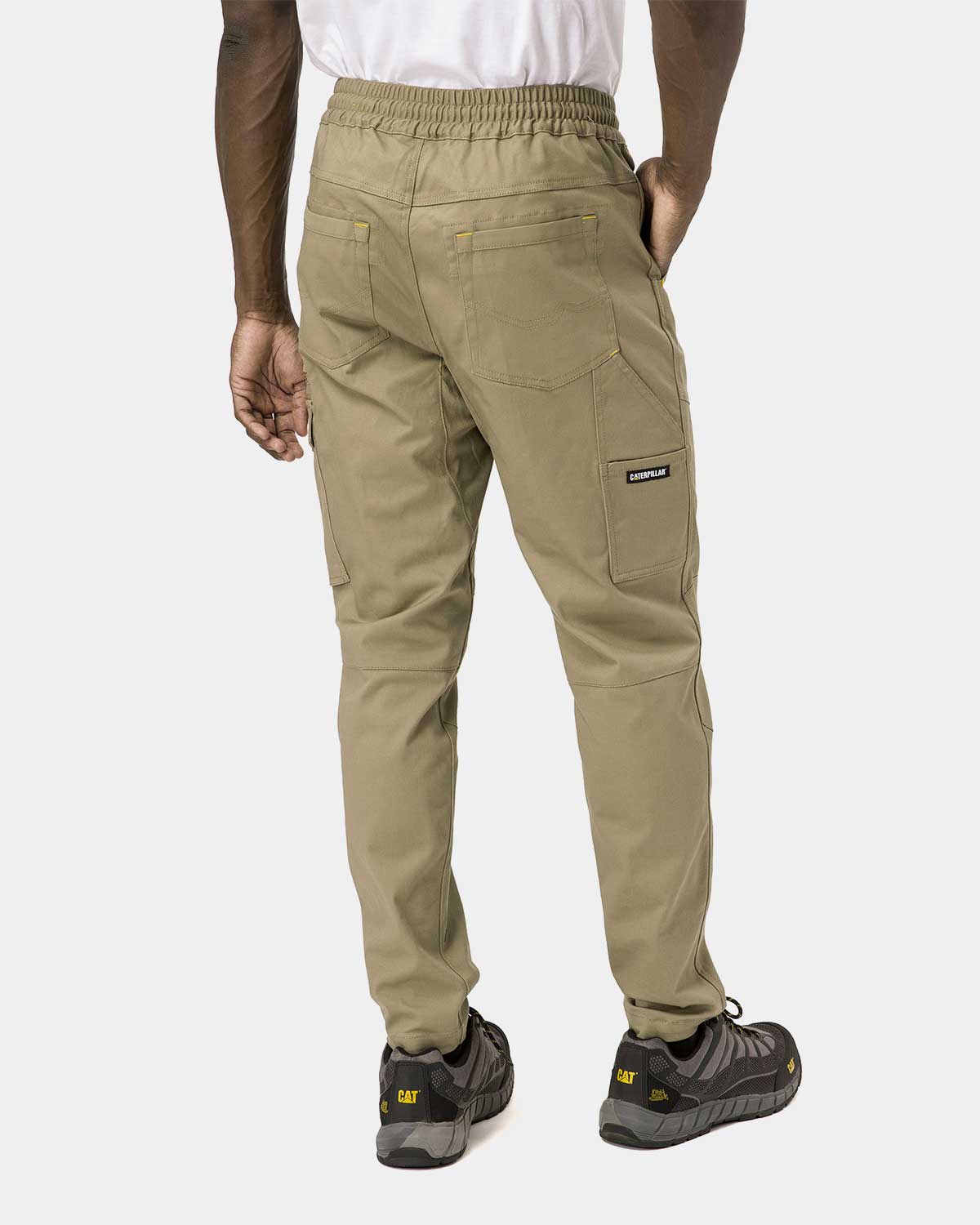 Cat Workwear Men's Dynamic Work Pant Khaki on model back, color:Khaki