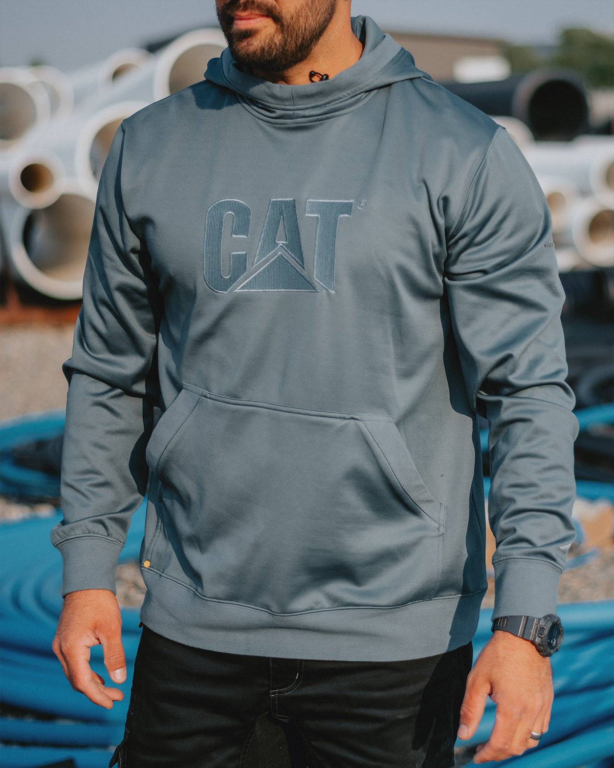 CAT Workwear men's h2o defender pullover hoodie stormy weather Outside