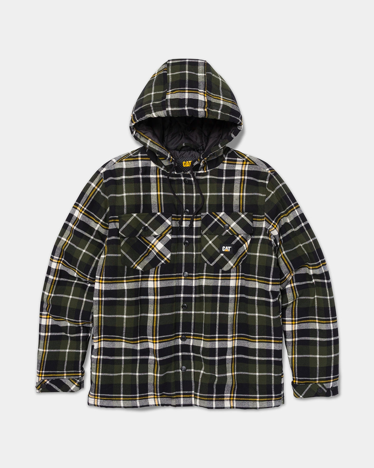 Cat workwear men's hooded flannel shirt jac black forest green front