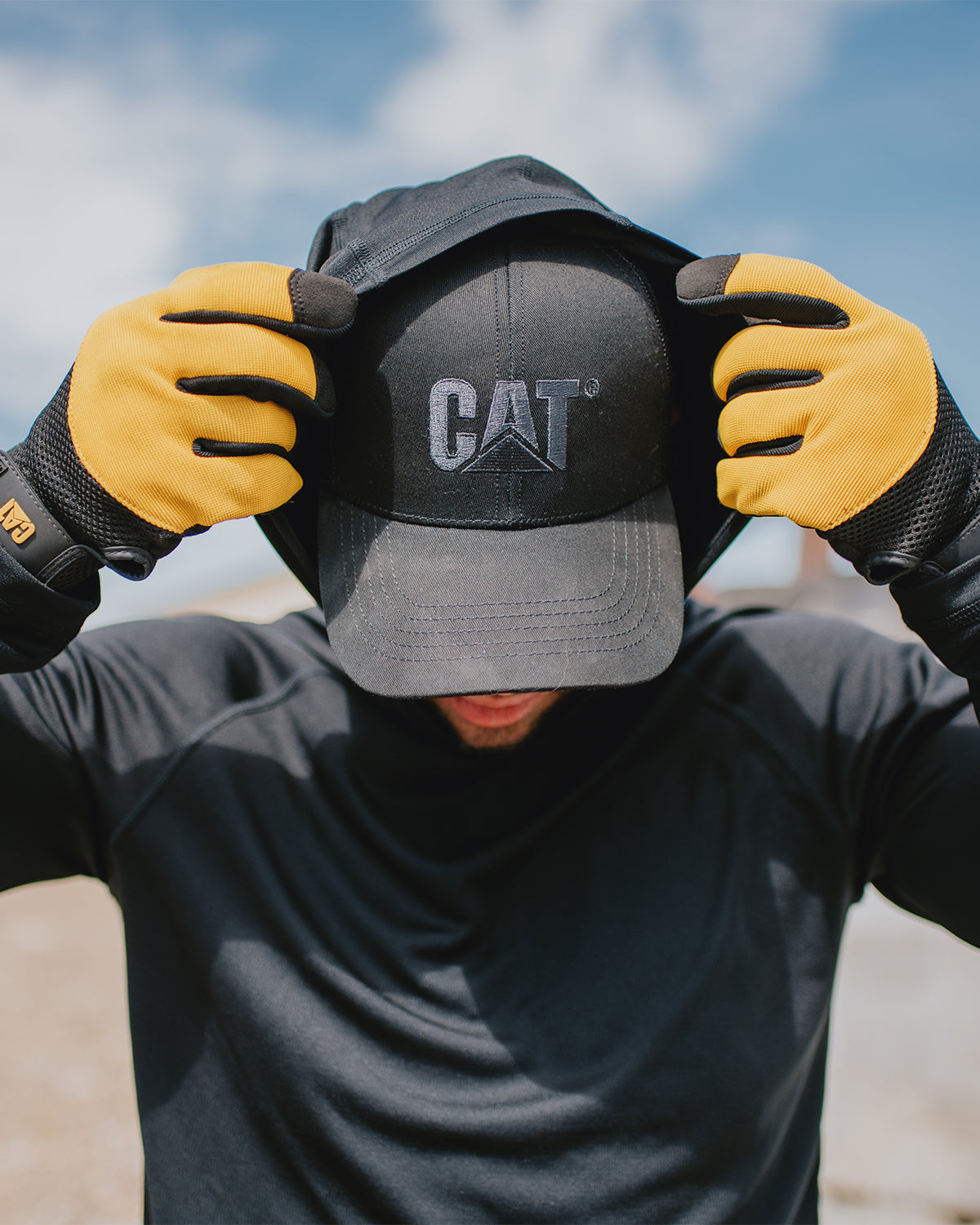 CAT Workwear Men's Lightweight Cooling Hooded Long Sleeve Tee Pulling Up Hood