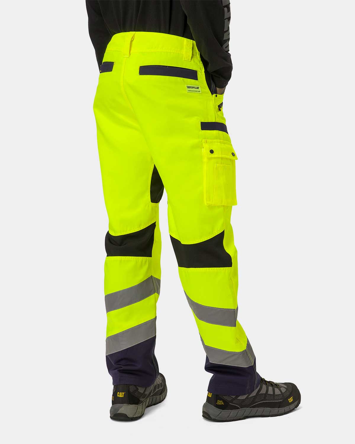 CAT workwear men's hi-vis operator flex work pants hi-vis yellow on model back
