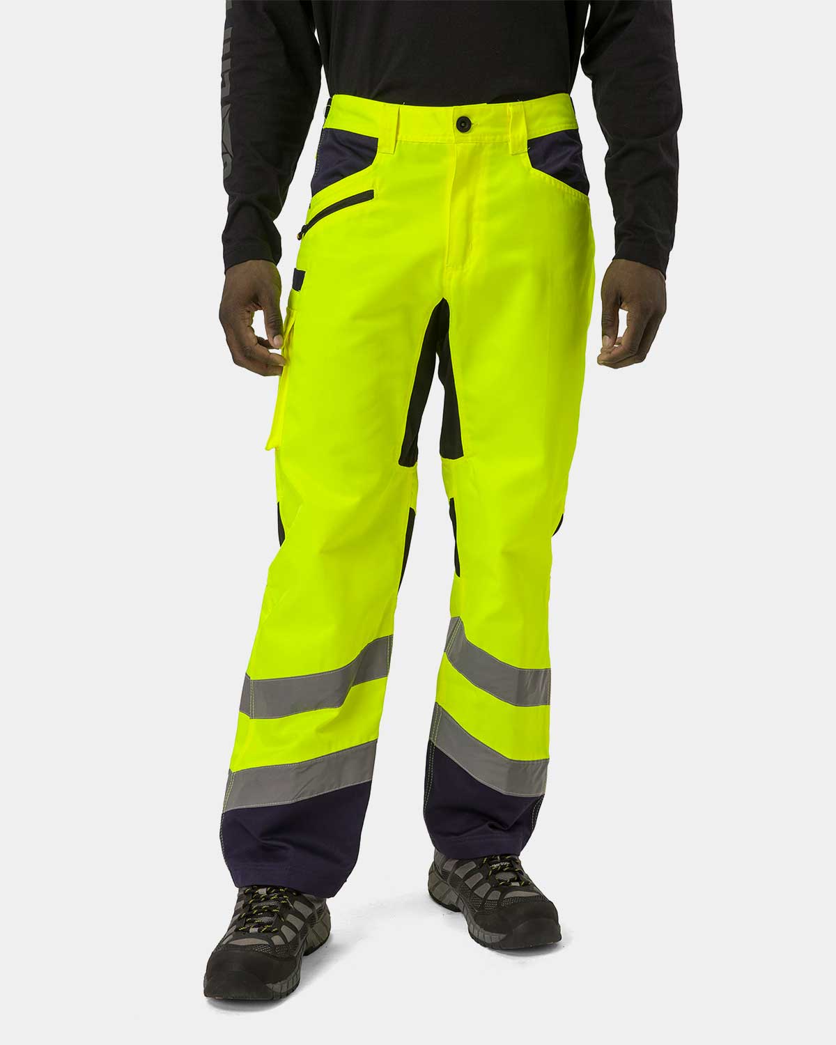 CAT workwear men's hi-vis operator flex work pants hi-vis yellow on model front