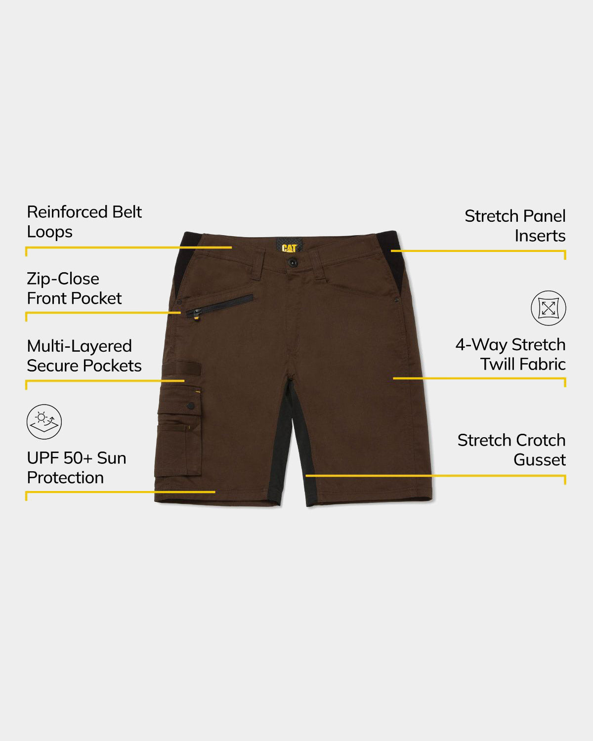 CAT workwear men's operator flex work shorts feature callouts