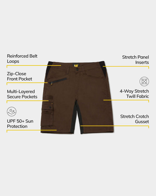 CAT workwear men's operator flex work shorts feature callouts