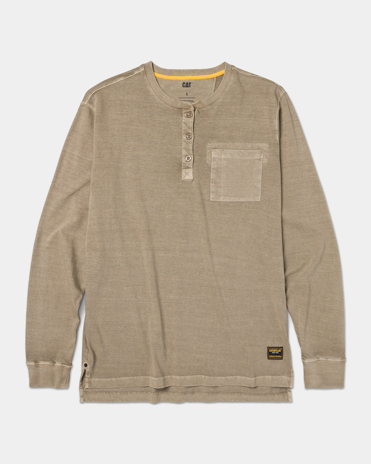 CAT workwear men's pigment dye long sleeve henley roasted cashew front