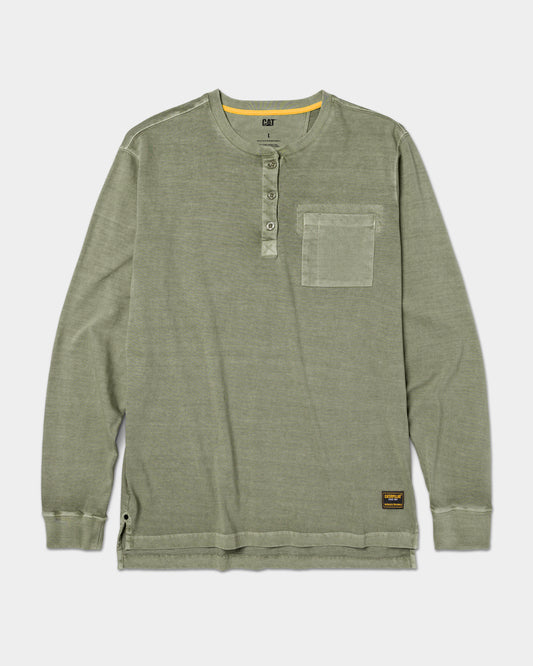 Cat Workwear Men's Pigment dyed long sleeve henley marshland front,color:Marshland