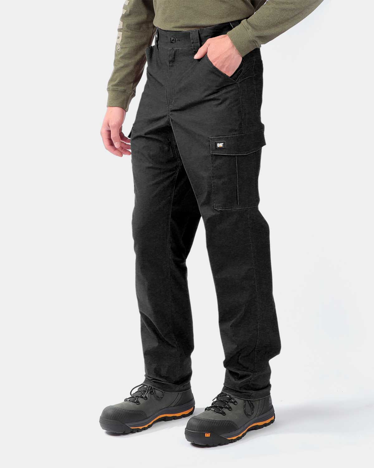 Cat Workwear MEN'S RIPSTOP CARGO PANTS Black on model left side, color:Black