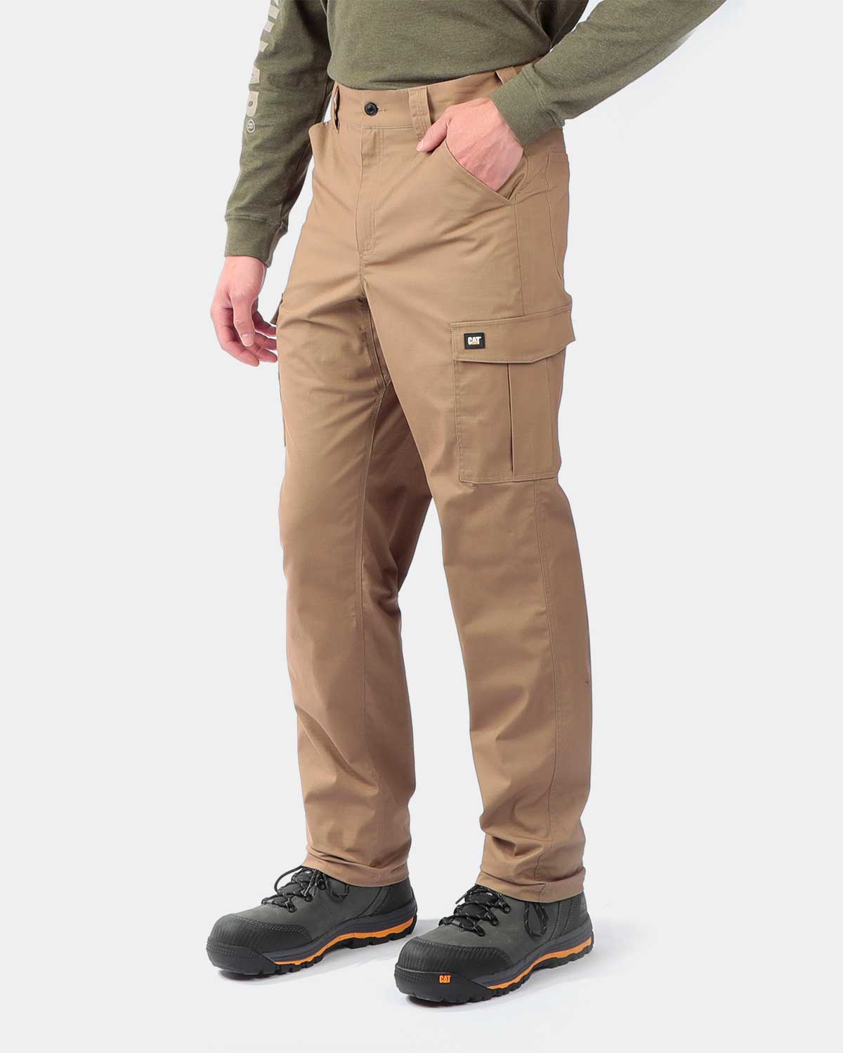 Cat Workwear MEN'S RIPSTOP CARGO PANTS Khaki on model left side, color:Khaki