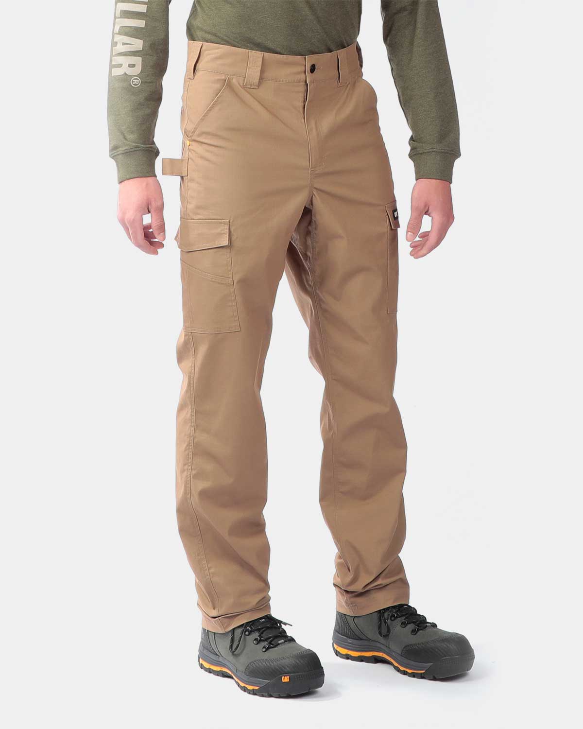 Cat Workwear MEN'S RIPSTOP CARGO PANTS Khaki on model right side, color:Khaki