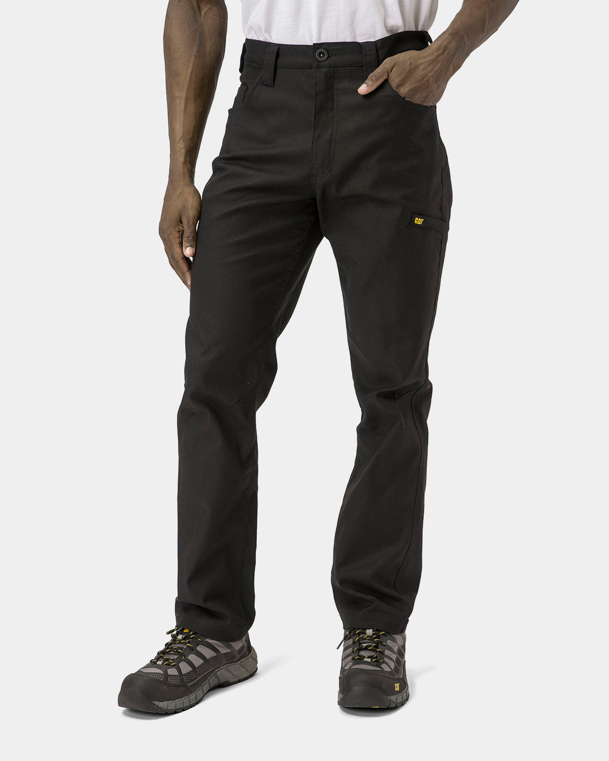Cat Workwear Men's Stretch Canvas Utility Work Pants Straight Fit Black on model Front, color:Black