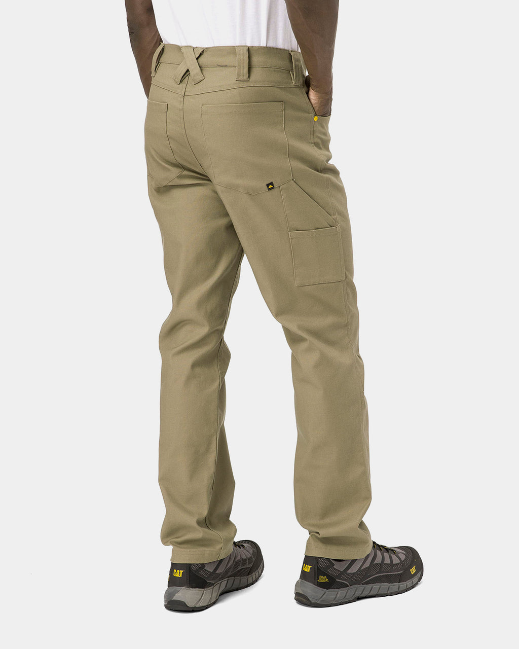 Cat Workwear Men's Stretch Canvas Utility Work Pants Straight Fit Khaki on model back, color:Khaki