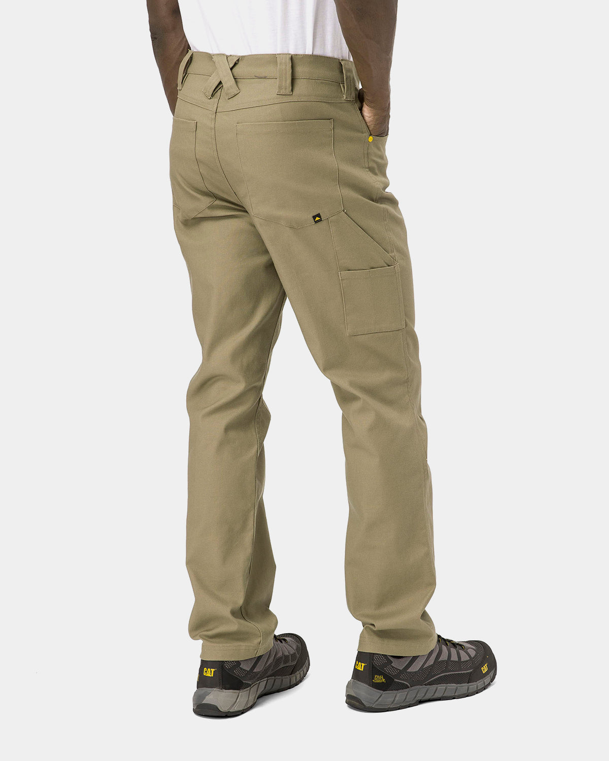 Cat Workwear Men's Stretch Canvas Utility Work Pants Straight Fit Khaki on model back, color:Khaki