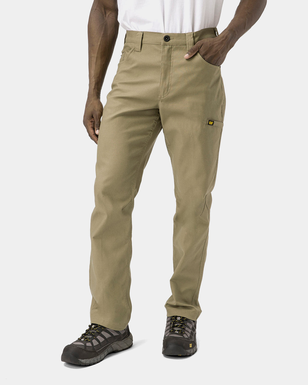 Cat Workwear Men's Stretch Canvas Utility Work Pants Straight Fit Khaki on model Front, color:Khaki