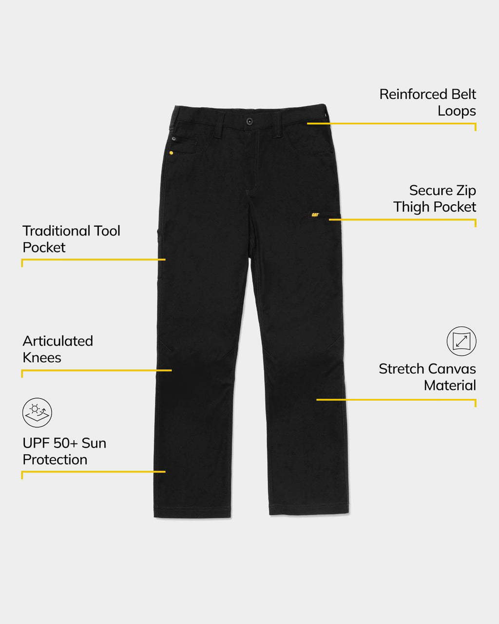 CAT workwear men's stretch canvas utility pants feature callouts