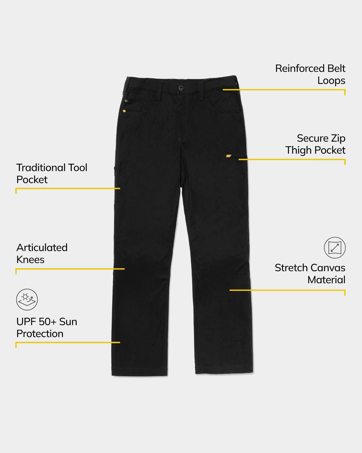 CAT workwear men's stretch canvas utility pants feature callouts